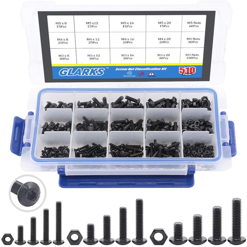 Glarks 510Pcs M3 M4 M5 Alloy Steel Button Head Socket Cap Bolts Screws with Nuts Assortment Kit, Black Oxide Finish(Button Head) - Image 1